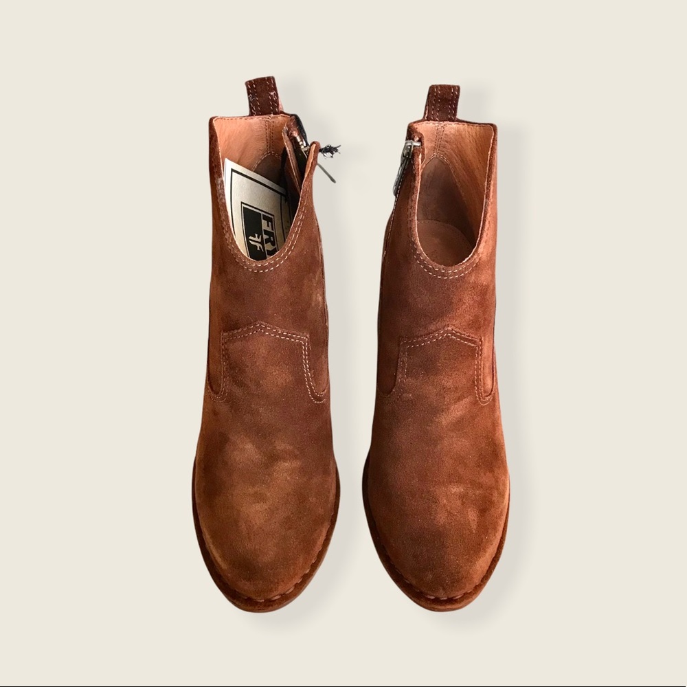 Frye Madeline Short Dark Brown Suede Zip Up Southwestern Heeled Pointy AnkleBoot - Picture 9 of 16
